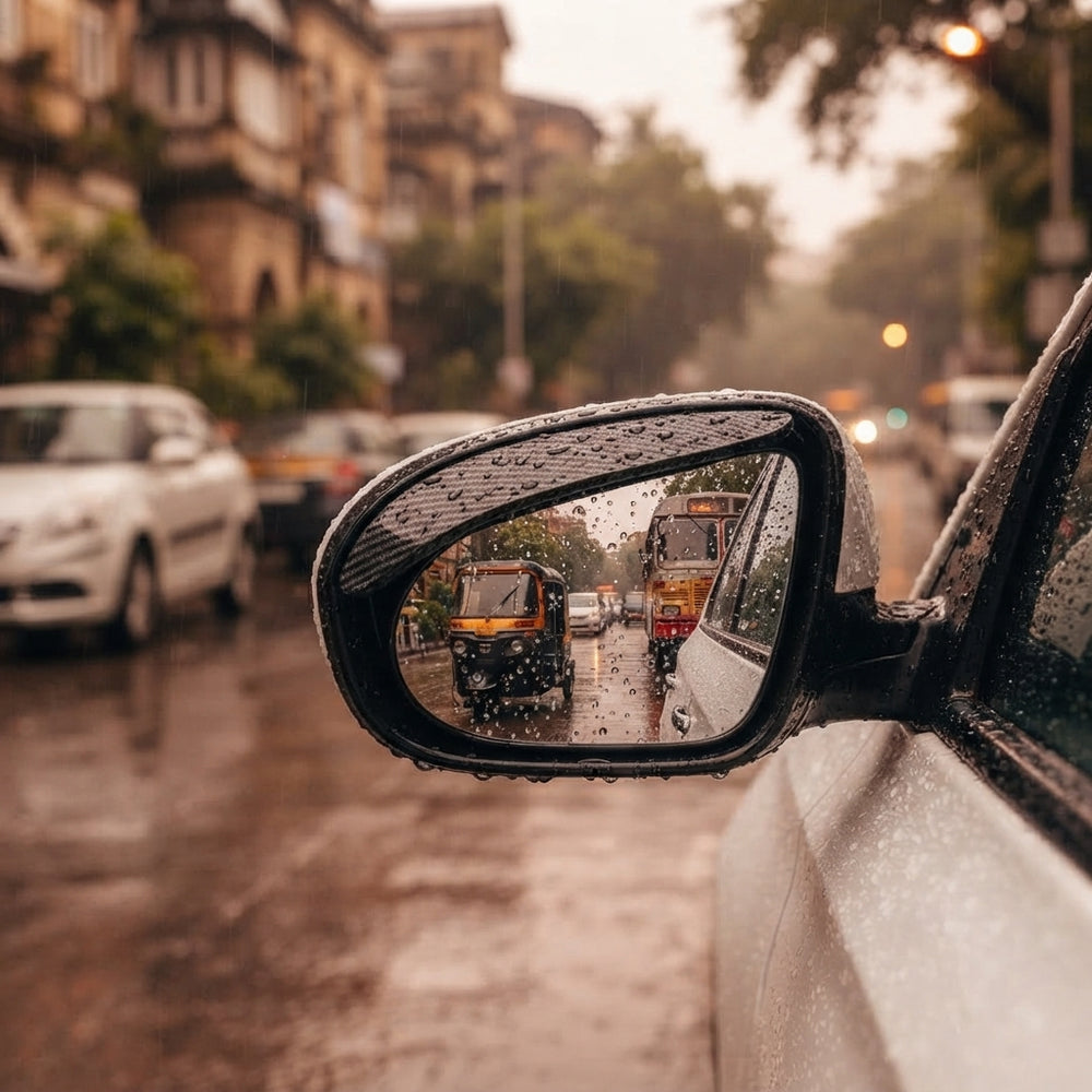 AquaSight blind-spot mirror with rain guard attached to a car side-view mirror during light rain in an urban setting.