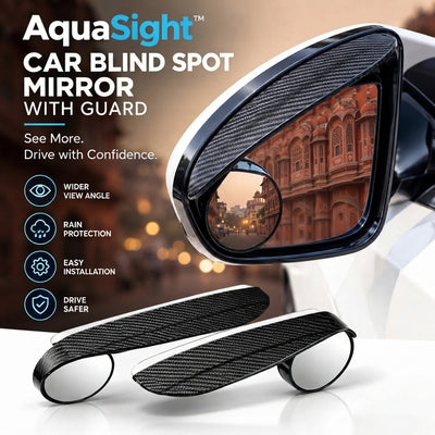 AquaSight blind-spot mirror with integrated rain guard attached to a car side mirror in an urban setting.